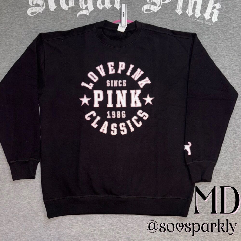 VS PINK Black Love Pink Classics 1986 Logo Ivy Fleece Crewneck Sweatshirt MD